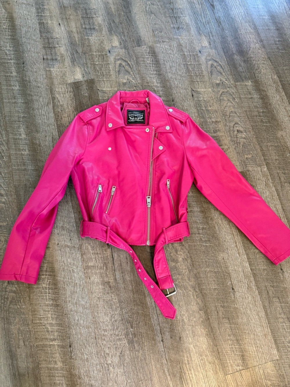 Bright Pink Leather Moto Jacket with Belt